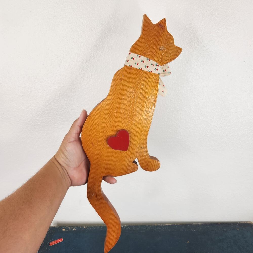 Handmade Wooden Cat Shelf Sitter with Dangling Tail  Home Decor Farm Cat